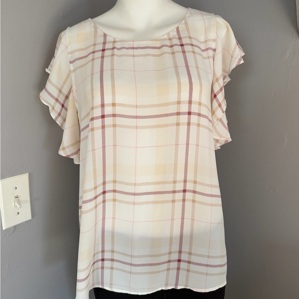 Ann Taylor Factory Cream Plaid Flutter Sleeve Top with Rose and Tan Stripes